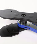 Close-up of 360 Degree Brake Caliper Press Tool With Two Sets Of Steel Plates And Blue Ratchet Piston Spreader for car disc brakes.