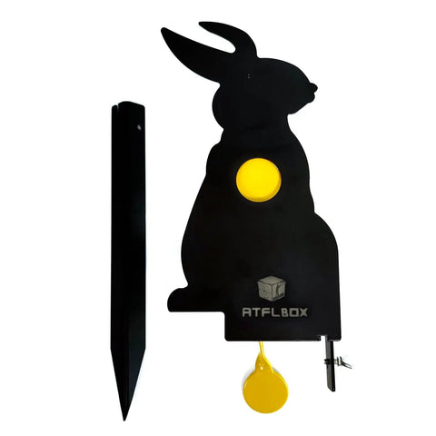Auto Reset Metal Rabbit Target For Air Rifles Backyard Range Ready Silhouette Target shown front view with yellow reset circle