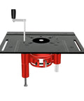Precision Router Lift System With Aluminum Insert Plate And Wood Routing Base For Workbenches detailed view showing handle and mounting parts.