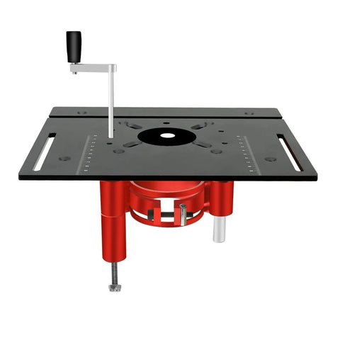 Precision Router Lift System With Aluminum Insert Plate And Wood Routing Base For Workbenches detailed view showing handle and mounting parts.