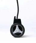 Dead On Precision Automatic Reset Length Meter With Rotary Encoder Measuring Wheel front view showing black plastic design and metal wheel.