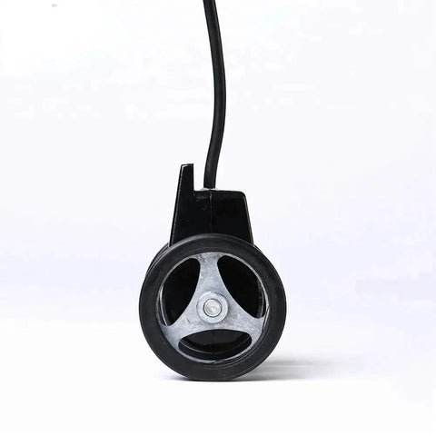 Dead On Precision Automatic Reset Length Meter With Rotary Encoder Measuring Wheel front view showing black plastic design and metal wheel.