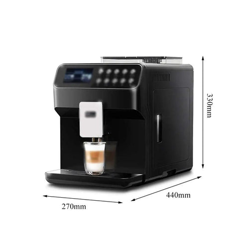 Gotta Love This Fully Automatic Espresso Machine With A Slick Milk Frother And One Touch Buttons to Whip Up Silky Lattes At Home Without Burning A Hole In Your Daily Budget, showcasing sleek design and dimensions.