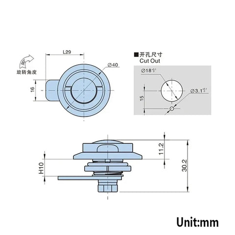 Technical diagram of Keyless Cam Lock For Boxes, Cupboards, Lockers, Yachts, Cars, Bathrooms And Windows Heavy Duty DIY Door Hardware