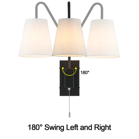Hardwired Sconce Set of 2 for Bedside Wall Mount With Pull Chain, white fabric shade, adjustable arm showing 180° swing angle