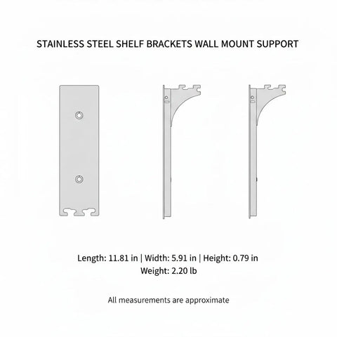 Rock Solid Sturdy Stainless Steel Wall Shelf Bracket Heavy Duty Mount dimensions diagram with front and side views