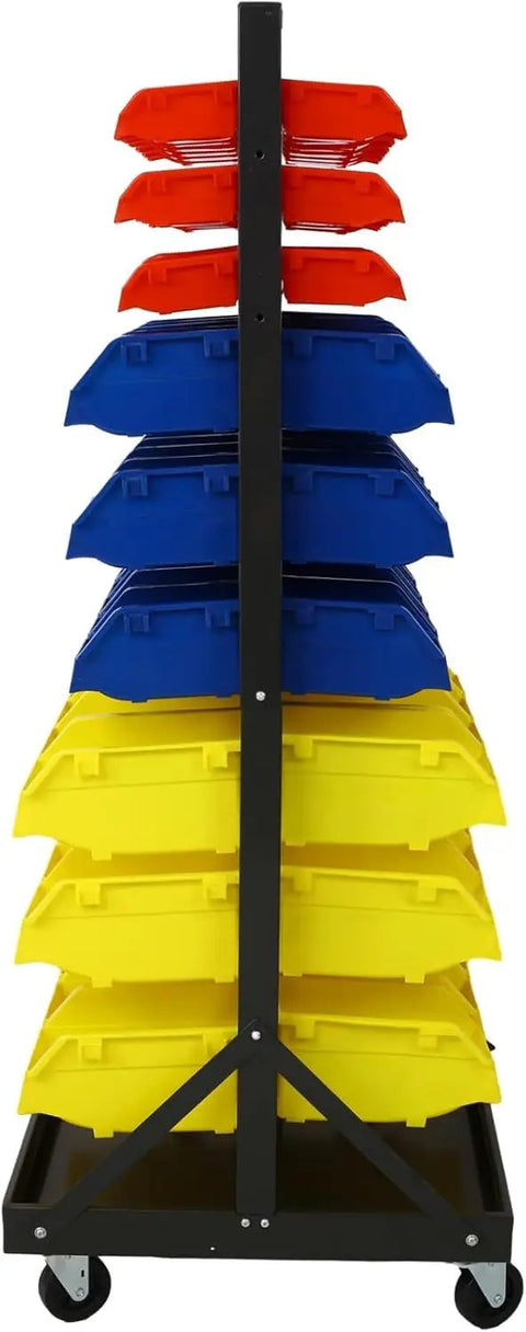 Heavy Duty Rolling Steel Storage Rack With Wheels, 90 Bin Organizer, 9-Tier Dual-Sided Garage Shelf, showing colorful bins