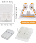 Two Pack Adhesive Broom And Mop Holder With Rubber Grips, clear wall mount, dimensions and details, no drill install.