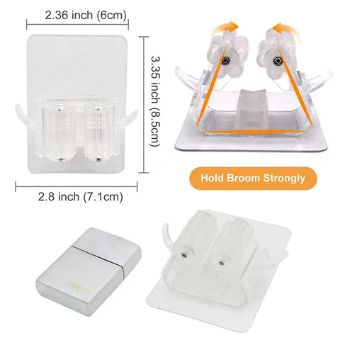 Two Pack Adhesive Broom And Mop Holder With Rubber Grips, clear wall mount, dimensions and details, no drill install.