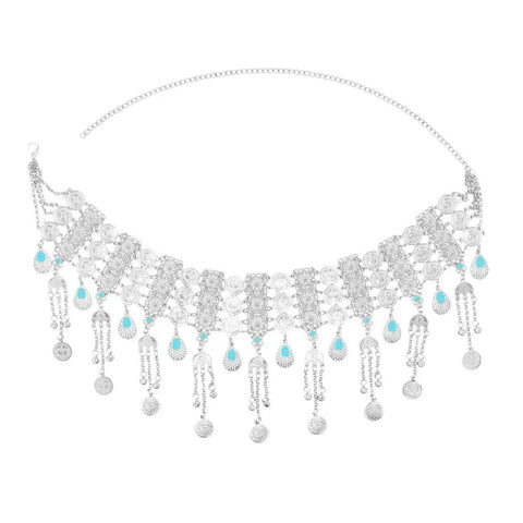 Shimmering Gold Multilayer Coin Waist Chain For Women Bohemian Beach Belly Dance Body Chain Festival Rave Accessory Adjustable Summer Hip Jewelry Hits Different with layered design and blue accents.