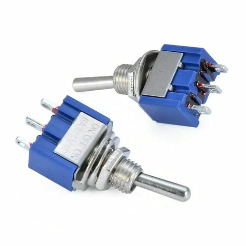 Close-up of Ten Pack SPDT Toggle Switch 3 Terminals On Off On 3 Position Latching Switch for Lights Motors 6A at 125V or 3A at 250V
