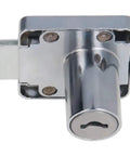 Solid As A Rock Zinc Alloy Square Cabinet Lock Nickel Plated Exterior with keyhole for quick snap setup on desks and drawers.