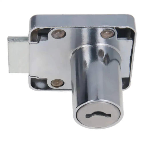 Solid As A Rock Zinc Alloy Square Cabinet Lock Nickel Plated Exterior with keyhole for quick snap setup on desks and drawers.