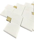 Tenedos Thassos white marble and gold glass diamond mosaic tile sheet, 3x3.5 in, polished for walls and floors.
