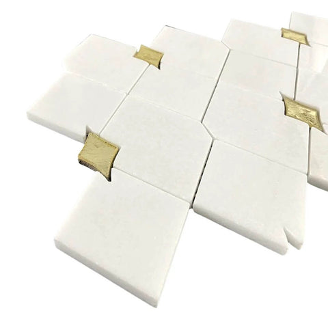 Tenedos Thassos white marble and gold glass diamond mosaic tile sheet, 3x3.5 in, polished for walls and floors.
