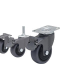 Three Inch Heavy Duty Swivel Casters With Silent Rubber Tires And Secure Brakes, gray rubber wheels with mounting plates.