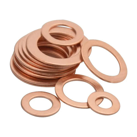 Stack of copper washers from 110 Piece Copper Sealing Washer Set, Six Sizes, Flat Gasket Oil Seals For Plumbing And Automotive