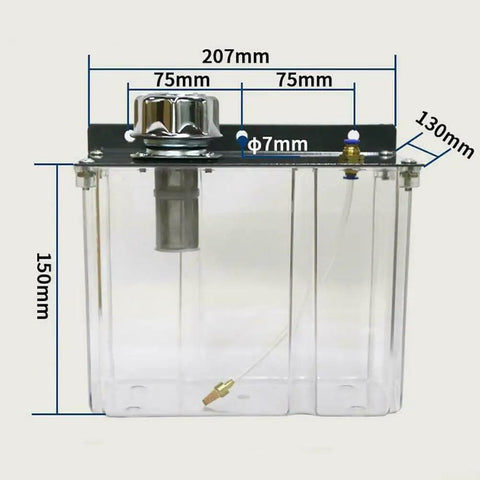 Heavy Duty 3 Liter Coolant Pump And Oil Mist Sprayer For Cnc Metalworking Ops With Flexible Shaft Solenoid Valve Plus Adjustable Pressure Regulator Plug And Play Setup showing tank dimension details.