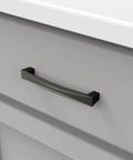 5-1/16 Inch Center To Center Cabinet Pull In Matte Black Finish Modern Arc Handle With Bold Dope Look And Easy Installation With Hardware Included Today installed on gray drawer