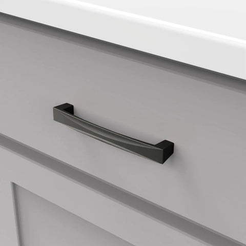 5-1/16 Inch Center To Center Cabinet Pull In Matte Black Finish Modern Arc Handle With Bold Dope Look And Easy Installation With Hardware Included Today installed on gray drawer