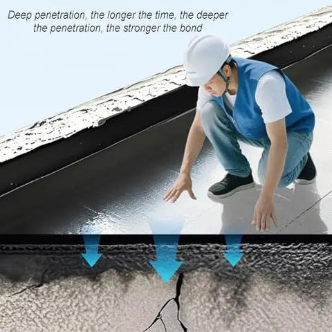 Worker applying Brick Tough Self Adhesive Roof Repair Tape, 50X1000Cm, to repair roof cracks and ensure a waterproof seal.