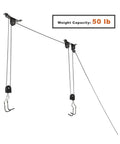Ceiling Bike Mount Hanger Set Built Tough Steel Bicycle Lift Hoist With Safety Lock Adjustable Height Pulley System For Garage Storage Indoor Bike Hooks Two Pack showing 50 lb capacity