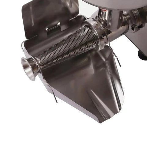 Close-up of the automatic strainer on Heavy-Duty Stainless Steel Electric Tomato Press And Sauce Maker for efficient fruit puree.