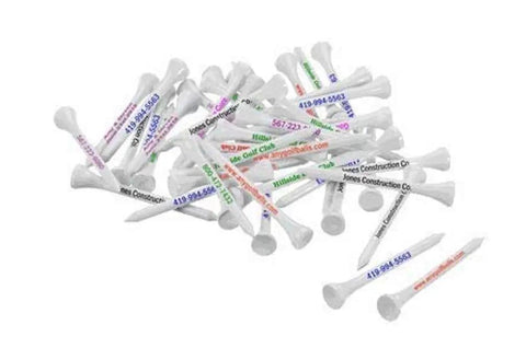 Scattered white wooden golf tees with colorful text, part of the White Wooden Golf Tees 100 Pack 2 And 3 Quarter Inch Customizable Two Line Personalization Durable Bulk Golf Tees For Men And Women Perfect Gift And Practice Tee Set For Any Golfer.