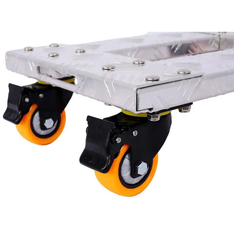 Close-up of heavy duty aluminum moving dolly with 4 TPU swivel casters with brakes, 800 lb capacity, and anti-slip deck.