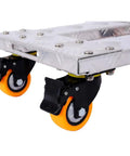 Heavy Duty Aluminum Moving Cart Dolly With 800 Pound Capacity, Four Smooth TPU Swivel Casters With Brakes, Compact Hand Cart For Furniture, Appliances, Boxes, And Heavy Loads, Easy Roll Platform Cart For Quick Moves, close-up of orange TPU casters