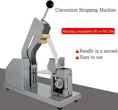Semi Automatic Vegetable Strapping Machine For PE PVC Film Bundling Steel Build Adjustable Workbench Tightness Control Supermarket Market Fresh Produce Binding Solution with steel frame and handle for easy use.