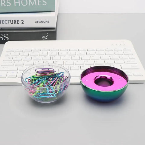 Colorful Paper Clips Holder And Dispenser Set With Holographic Rainbow Clips, 100 Pieces, 28mm Medium Paperclips next to a keyboard