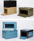 Hella Big Folding Storage Bins With Secure Lid 65L in multiple colors, including blue, black, and green, showing collapsible design.