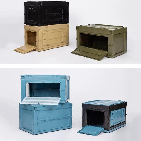 Hella Big Folding Storage Bins With Secure Lid 65L in multiple colors, including blue, black, and green, showing collapsible design.