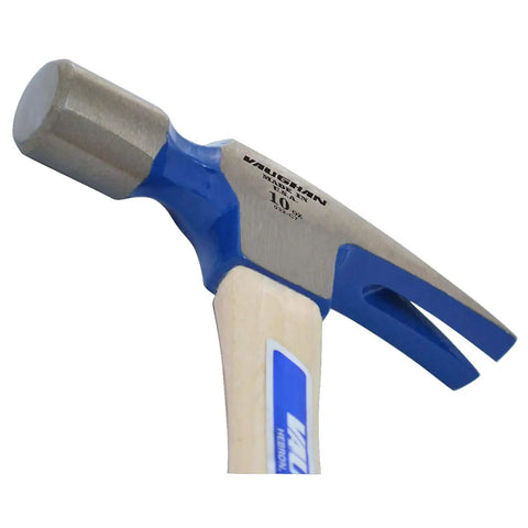 10-Ounce Small Pro Rip Hammer With Hickory Handle For Cabinet Making And Finishing Work, triple wedged, steel and wood detail