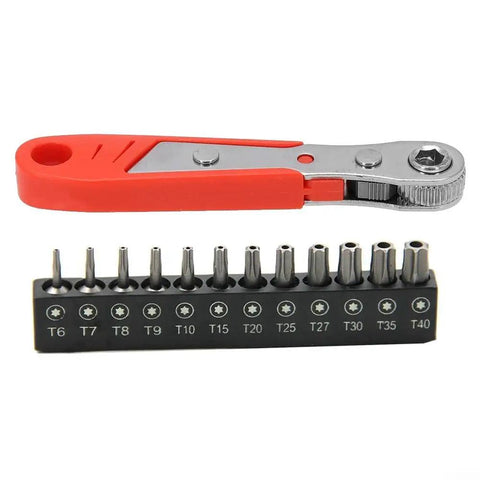 Right Angle Screwdriver Set With Torx Bits T6 To T40 Features Reversible Ratchet For Tight Spots And Mini Kits Perfect For Auto Repair Jobs Or Furniture Assembly In A Cool Slang Style, 12-piece steel set with red handle, T6-T40