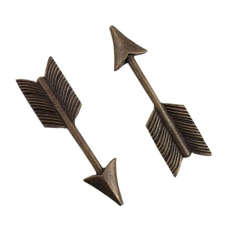 Built Tough Antique Gold Iron Round Door Handles For Cabinet Upgrades Featuring Slick Rust Proof Finish Smooth Blunt Edges No Fuss Installation Hardware Included Ready arrow-shaped cabinet pulls, antique gold, sturdy metal, decorative design.