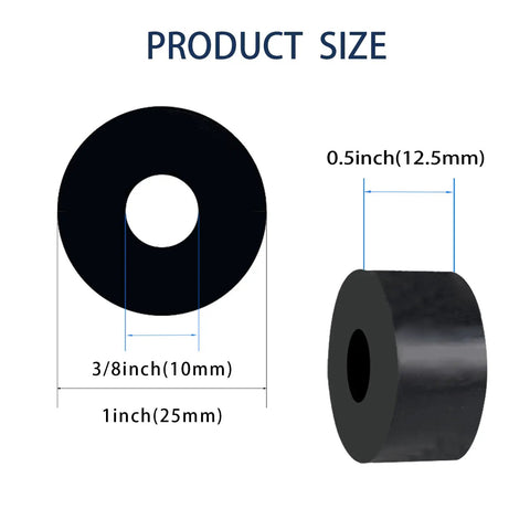 Diagram showing Eight Pack Rubber Spacers One Inch Outer Diameter Three Eighth Inch Inner Diameter Point Five Inch Thick in black color