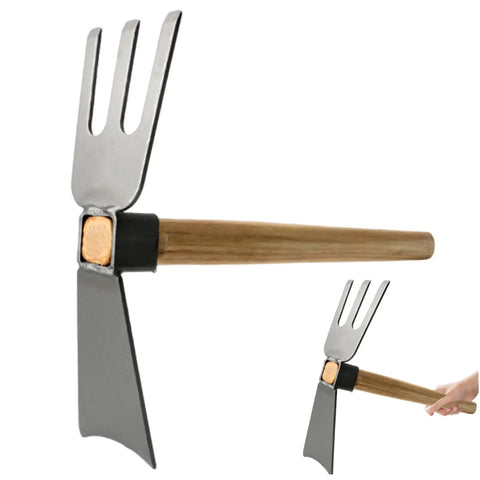 2 In 1 Digging Hoe And 3 Prong Fork All In One Garden Tool With Wooden Handle Carbon Steel Blade Head For Weeding And Soil Loosening