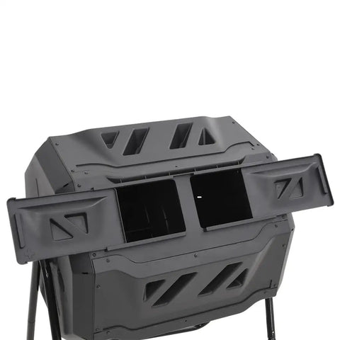 Dual Chamber Compost Bin 42.3 Gal With 360 Degree Spin, Rotating Tumbler, black outdoor bin with open dual chambers