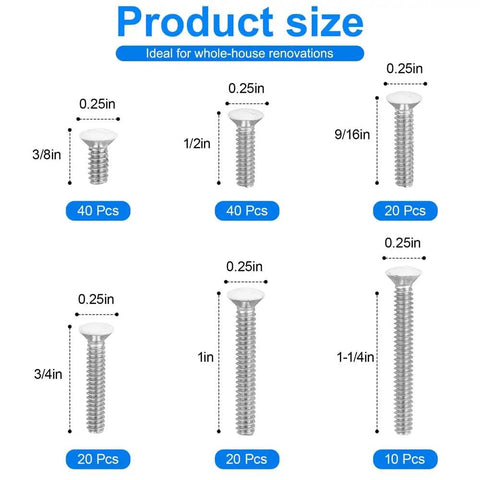 White Wall Plate Screws Kit 150 Pcs With 6 Sizes 6 32 Thread Long Outlet Screws chart