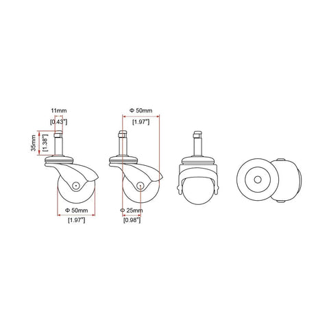 Top Tier Smooth Rollin Antique Brass Plastic Ball Swivel Casters For Home Furniture And Office Gear Two Inch Base Heavy Duty dimensions diagram