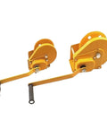 Heavy Duty Electric Hoist 2600 LB Manual Winch Hand Crank Self-Cranking Lifter with two hoist sizes in yellow finish.