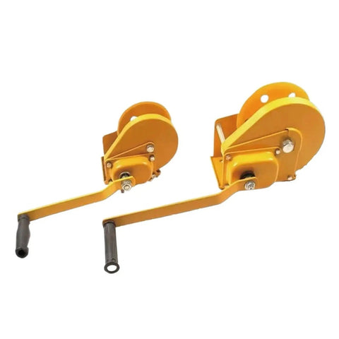 Heavy Duty Electric Hoist 2600 LB Manual Winch Hand Crank Self-Cranking Lifter with two hoist sizes in yellow finish.