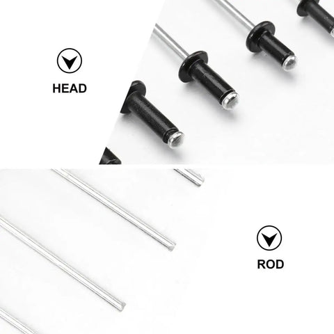 Go To Blind Rivet Kit With Aluminum Mandrel Rivets In Sizes M2.4 M3.2 And M4 120 Pcs detail of black rivet heads and rods