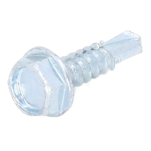 Close-up of a zinc-plated carbon steel self-drilling screw, part of the No Pre Drilling Needed Self Drilling Screw Kit 4.8x19mm Zinc Plated Carbon Steel Fasteners For Sheet Metal And Wood External Hex Drill Tail 250 Pieces For Quick DIY Repairs And Projects.