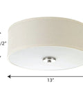 Two Light Flush Mount In Brushed Nickel With Off White Linen Shade And Etched Glass Diffuser Great Pick For Hallways Foyers Bedrooms And Bathrooms Transitional Style Lighting Fixture shown with dimensions