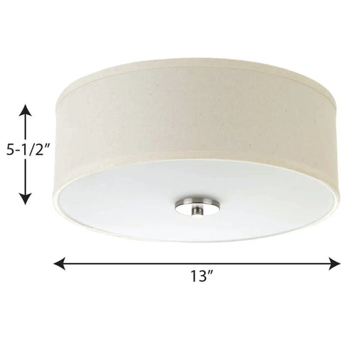 Two Light Flush Mount In Brushed Nickel With Off White Linen Shade And Etched Glass Diffuser Great Pick For Hallways Foyers Bedrooms And Bathrooms Transitional Style Lighting Fixture shown with dimensions