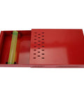 Premium Red Coffee Knock Box For Espresso Grounds With Cushioned Rubber Rod And Antislip Base, top view with rubber rod.