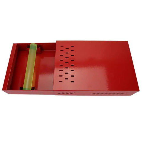 Premium Red Coffee Knock Box For Espresso Grounds With Cushioned Rubber Rod And Antislip Base, top view with rubber rod.